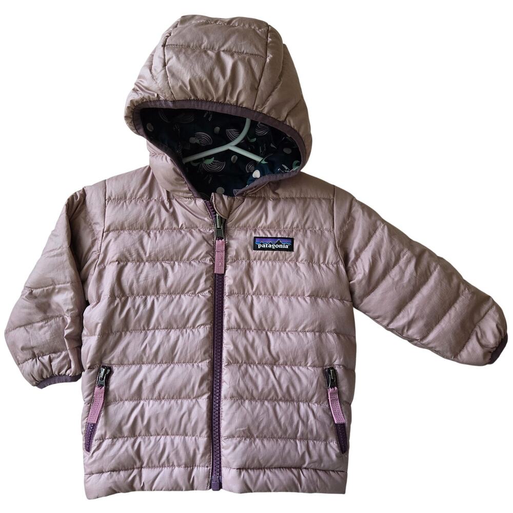 Patagonia Toddler Girls Reversible Down Sweater Jacket w Hood Pink Size 2T EUC